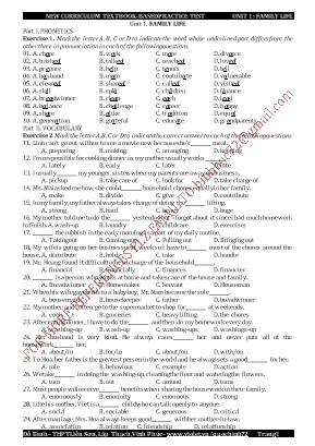 Bài tập bổ trợ Tiếng Anh Lớp 10 thí điểm - Unit 1 Family life - Đỗ Bình